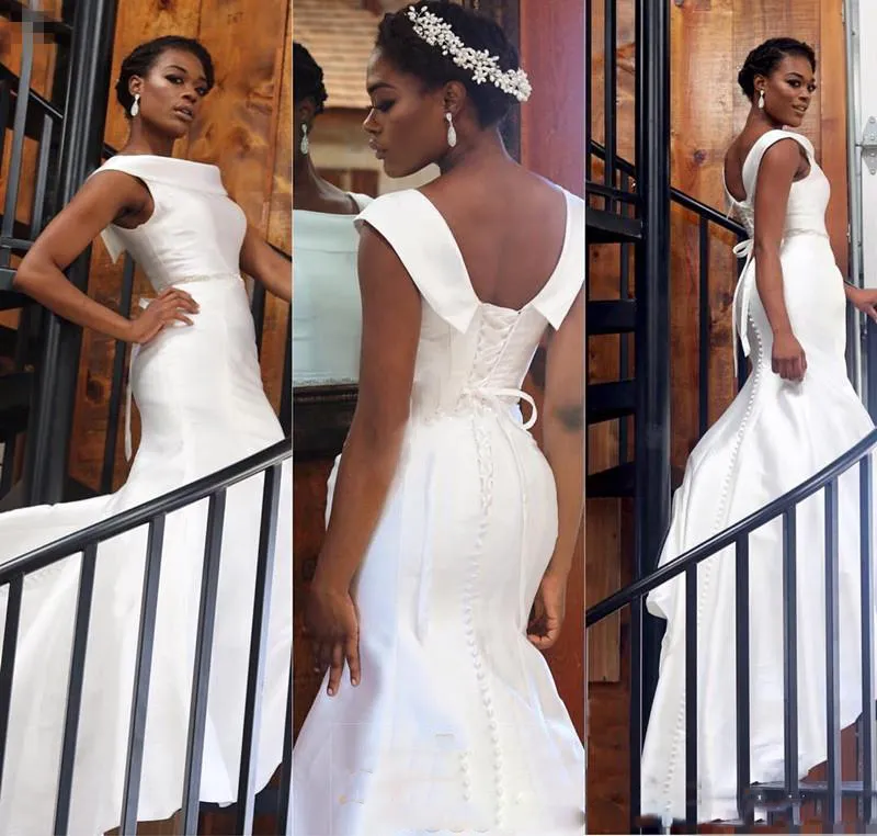 Elegant White Mermaid Black Girl Prom Dresses Satijn Lace Up Back Behandelde Aso Ebi Style Avondjurken Formele Party Cocktail Jurken