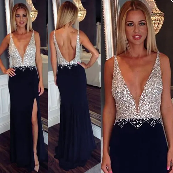 Sparkly Long Sexy Beaded Dresses Pluning V Neck Bling Bling Split Evening Part Gowns Backless Dark Navy Crystals Top Prom Dress