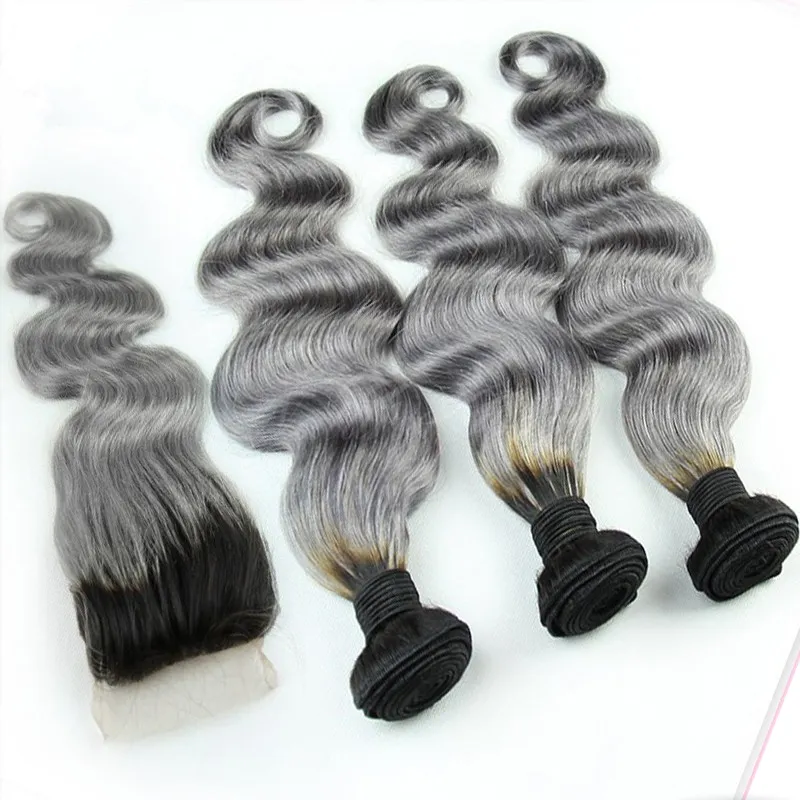 1b / grijze Braziliaanse Ombre Menselijk Haarbundels met Zilver Grijze Kantsluiting Twee Tone Gekleurde Haar Weave met Sluiting Body Golvend 4pcs / lot