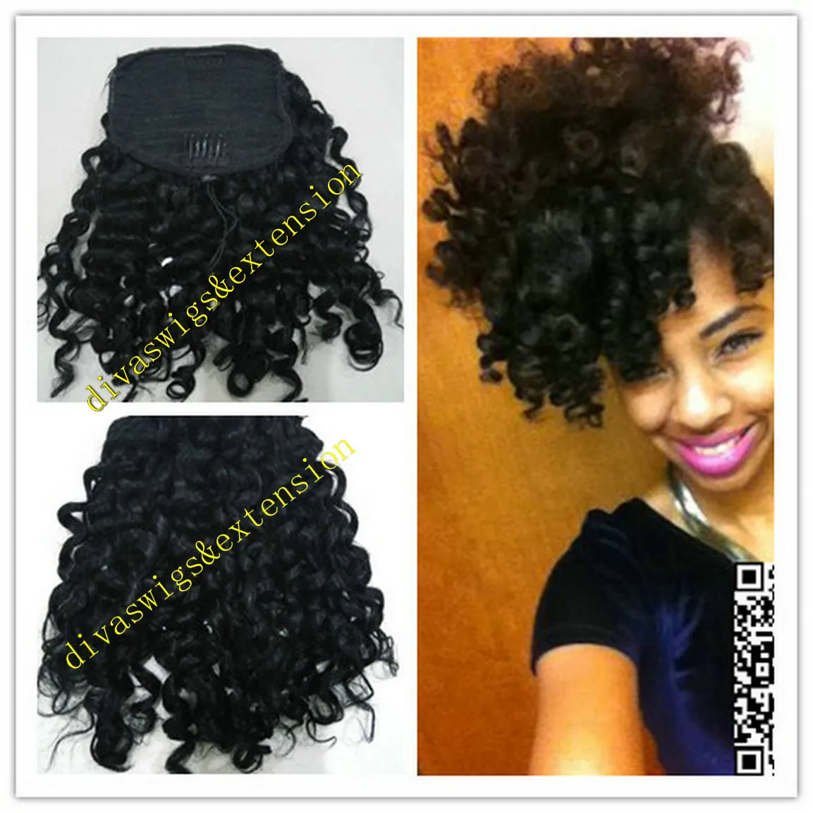 Side part afro puffs black clip in romatic curly brazilian virgin hair drawstring ponytail hair extensions 120g