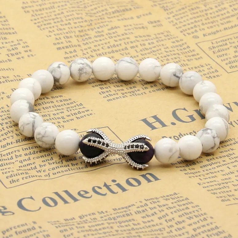 Wholesale White Howlite Marble Stone Purple Tiger Eye Beads Micro Inlay Black CZ Beads Eagle Paw Beaded Bracelets