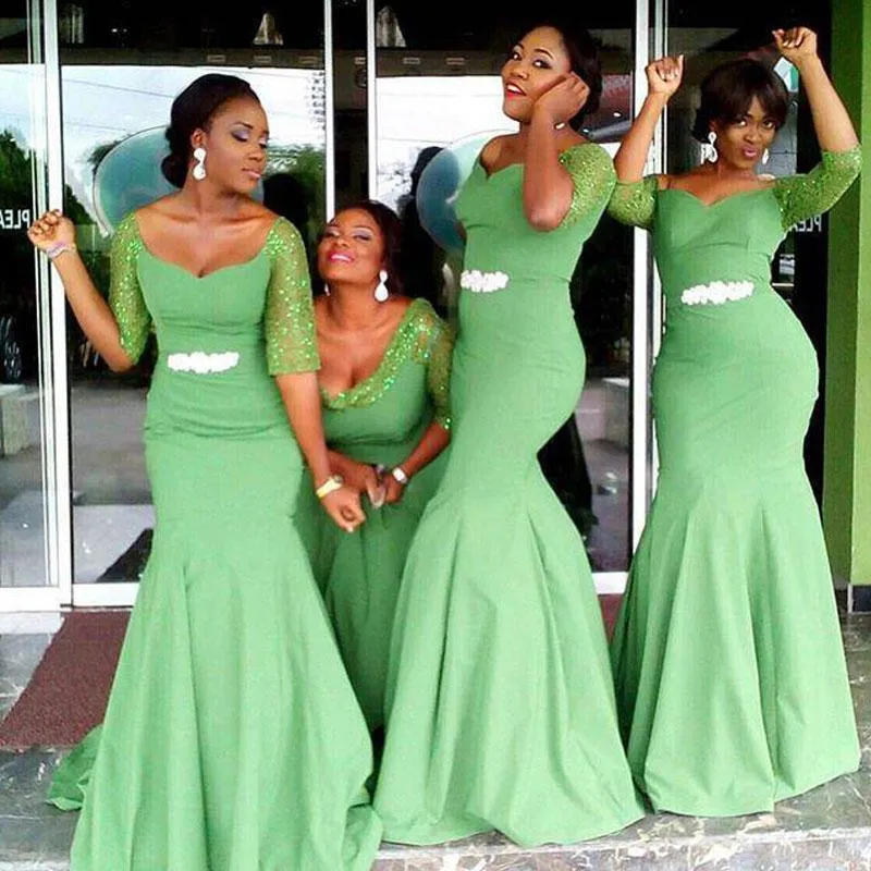 Aqua New Cheap Green African Style Bridesmaid Dresses Half Sleeves Lace Beaded Floor Length Mermaid Plus Size Maid Of Honor Party Gowns