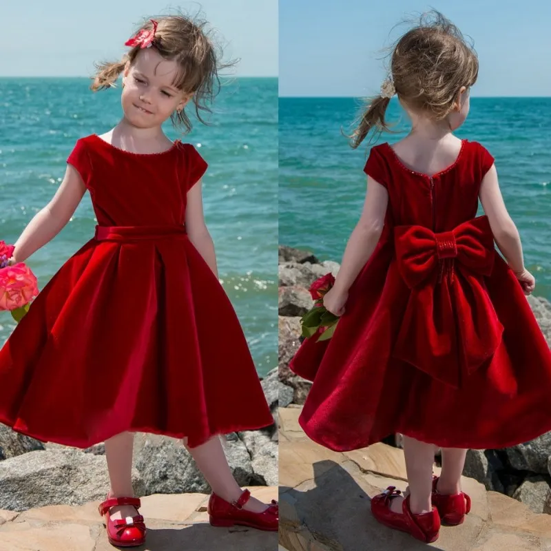 Lovely Flower Girl Dresses For Weddings Red Velvet Tea Length Baby Gown With Big Bow Back