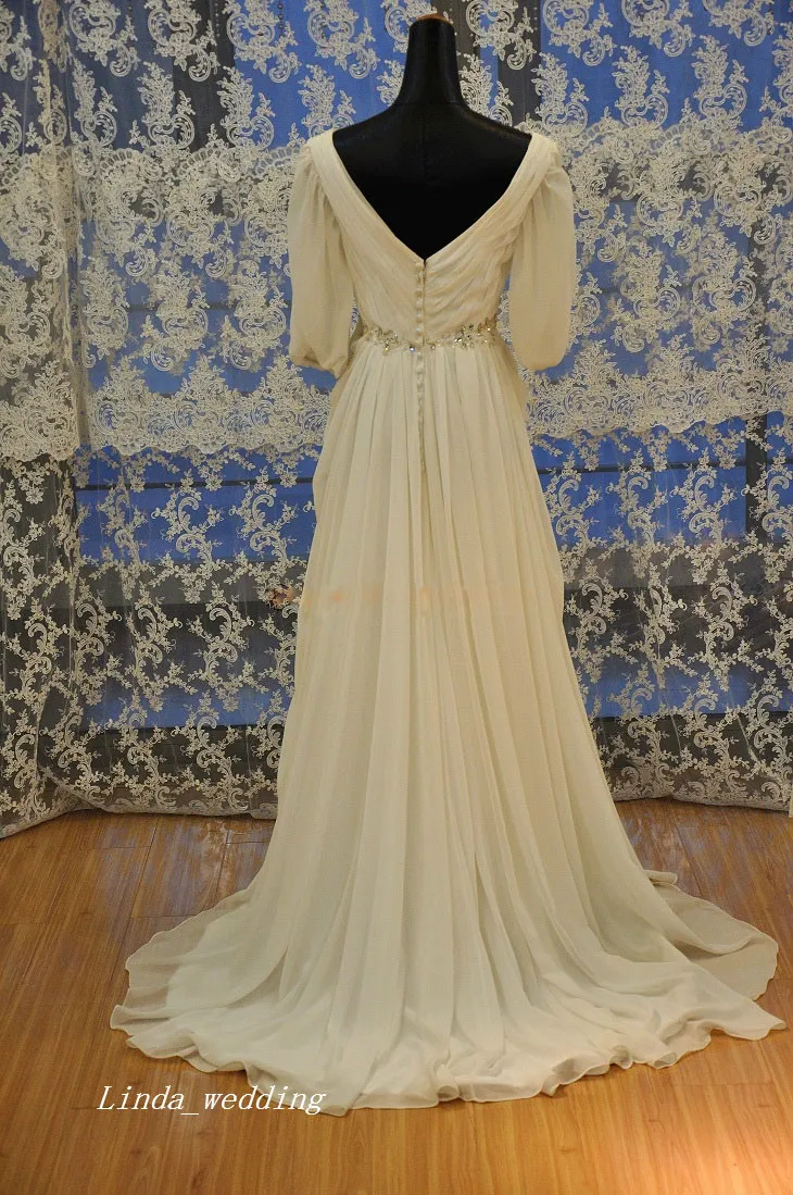 Real Prov Bild Bröllopsklänningar Elfenben Empire Midja Chiffon Beaded Floor Length Long Bridal Party Gowns