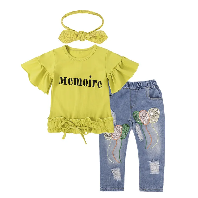 Baby Mädchen Kleidung Sommer Herbst Anzüge Gelber Buchstabe Kurzarm T-Shirt + Jeans + Stirnband 3 teile/satz Pailletten Luftballons Hosen Kinder Kleidung Set