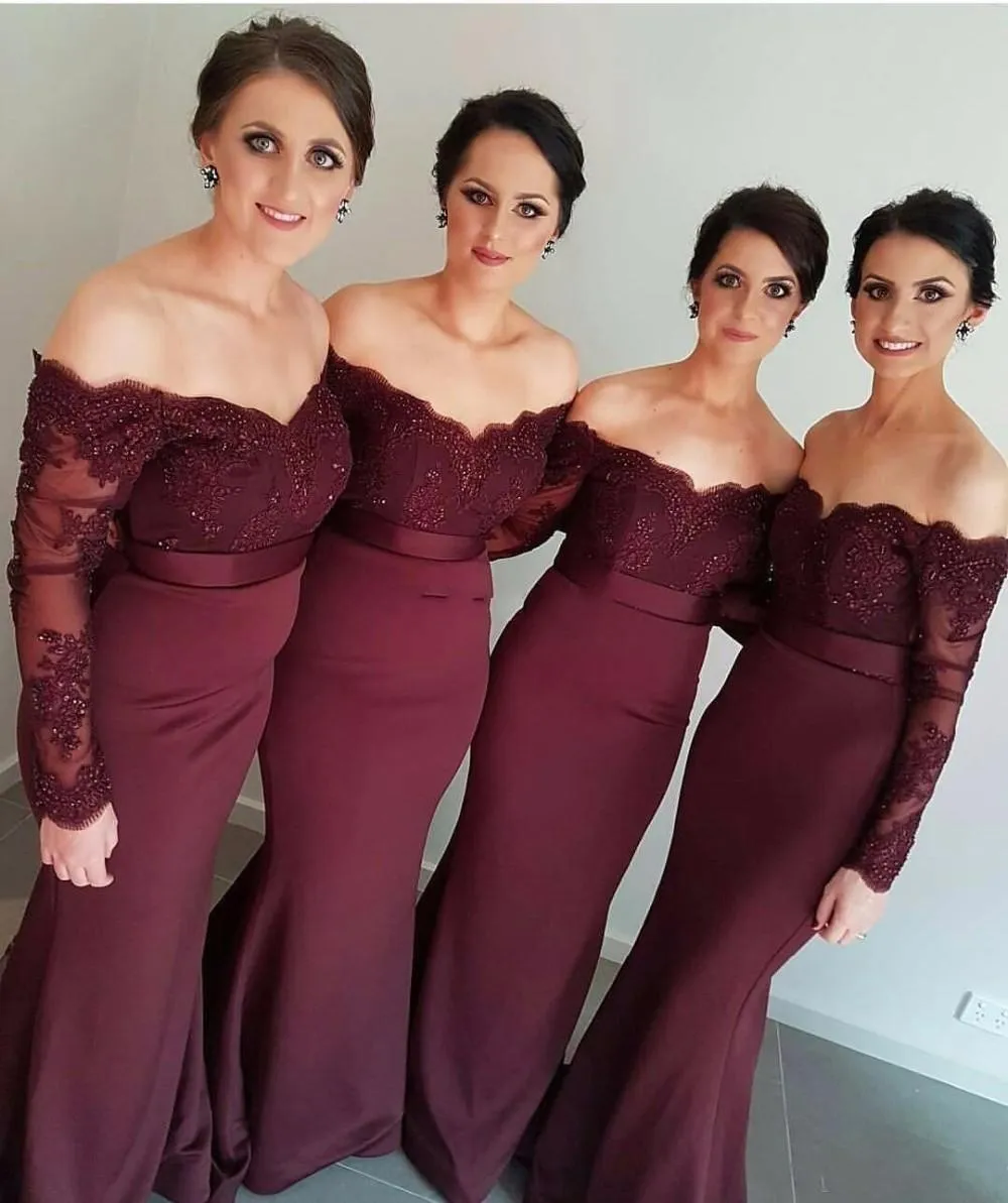 Najnowszy Off The Ramię Długie Rękawy Suknie Druhna Syrenka Styl Lace Aplikacje Maid of Honor Prom Suknie Długie Suknie Gościnne Ślubne