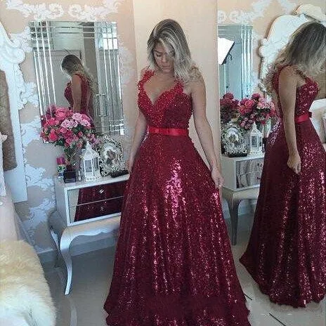 Sparkly Dark Red Sequined Prom Dresses 2017 Peals Beaded Lace Applique Sheer Neck Evening Gowns Open Back Formal Party Dresses