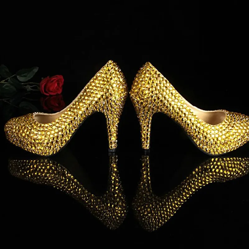 Kvinnor höga klackar pumpar tjejer klänning skor guld färg sexiga festskor med rhinestones kvinnor bröllopsklänning skor för brud