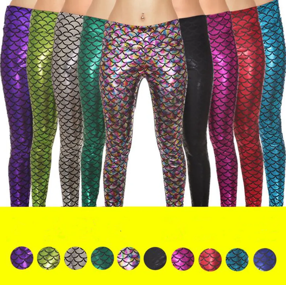 Hohe Taille Frauen Fisch Skala Crop Hosen Glänzende Dünne Meerjungfrau Leggings Stretch Gedruckt Hosen OOA3221