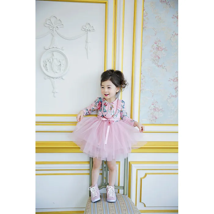 Ragazza coreana floreale floreale abito tutu kids tulle in pizzo principessa abito da festa bambini abiti a maniche lunghe 5494400