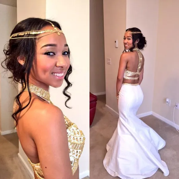 Mermaid Prom Dress Halter Neck Crystal Beaded Taffeta White and Gold Backless Two Pieces Long Formal Gown from Dhgate Prom Dresses - price 130.66 Mermaid Prom Dress Halter Neck Crystal Beaded Taffeta White and Gold Backless Two Pieces Long Formal Gown from Dhgate Prom Dresses - price 130.66