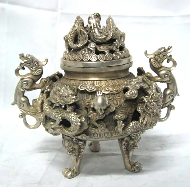 Rare chinois tibet argent sculpté FOO DOG dragons encensoir/brûleur d'encens/livraison gratuite