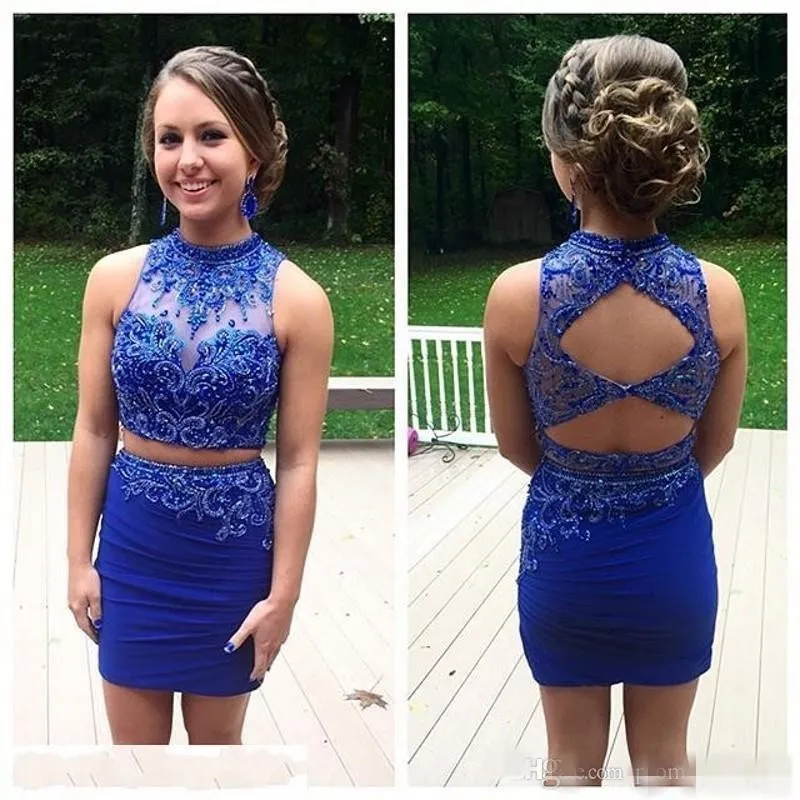 Royal Blue Tight Homecoming Jurken Twee Stuk Modest Prom Jurken Mouwloze Backless Mini Cocktail Jurken Beaded Feestjurk PO100