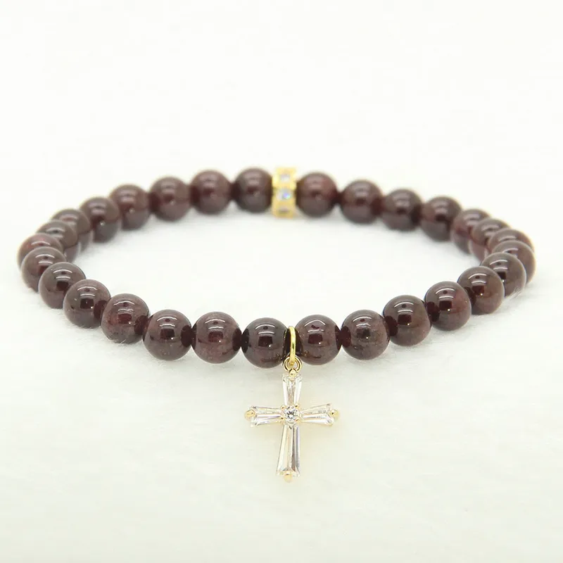 Wholesale 6mm Natural Garnet Stone Beads with Micro Paved Clear Zircons Spacer Cz Beads Cross Bracelets