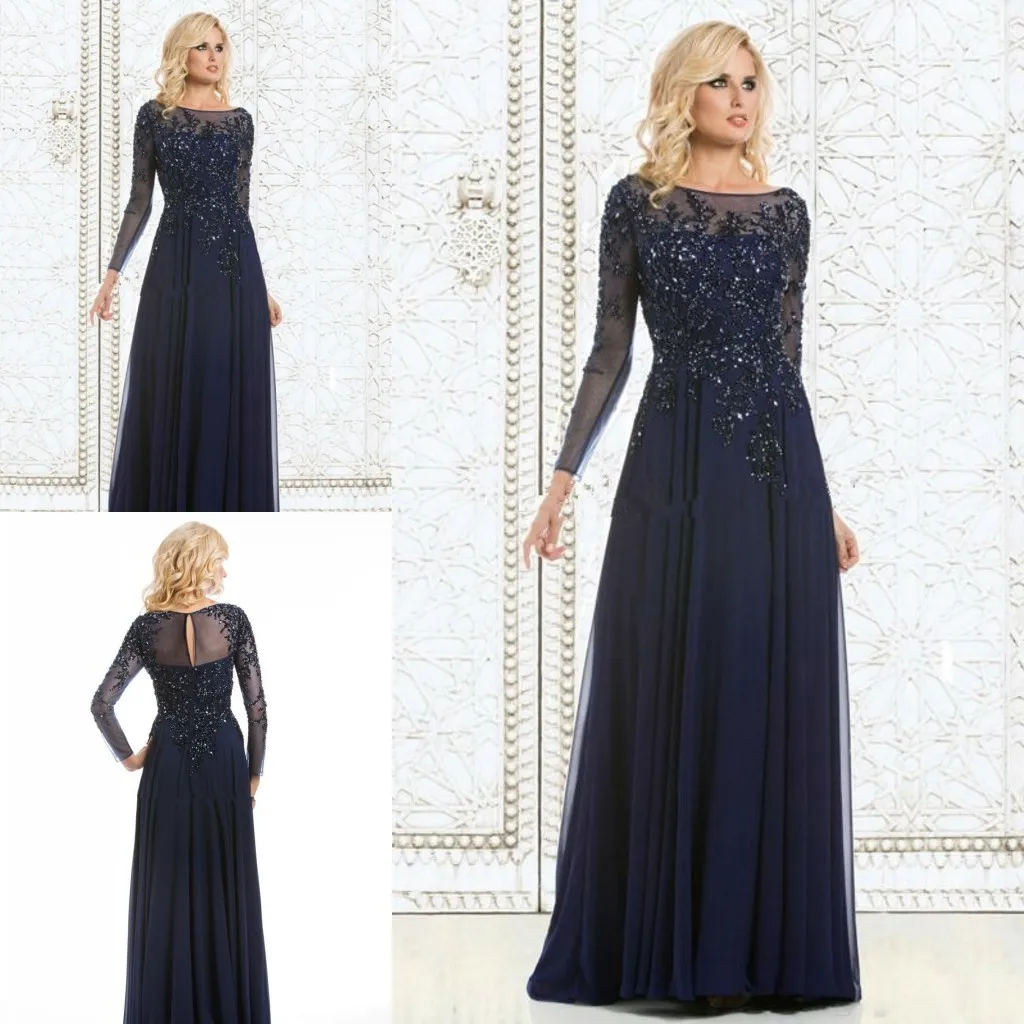 Long Sleeves Evening Dress High Quality Navy Blue Applique Chiffon Women Wear Prom Party Dress Formal Event Gown Mother Of The Bride Dress