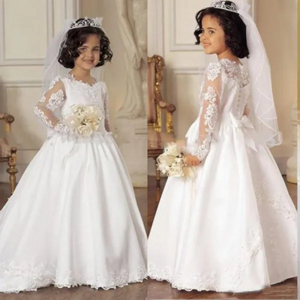 Modest Flower Girls Dresses for Weddings Illusion Long Sleeves Little Bride Formal Gowns Kids Pageant Gowns with Lace Appliques Sweep Train