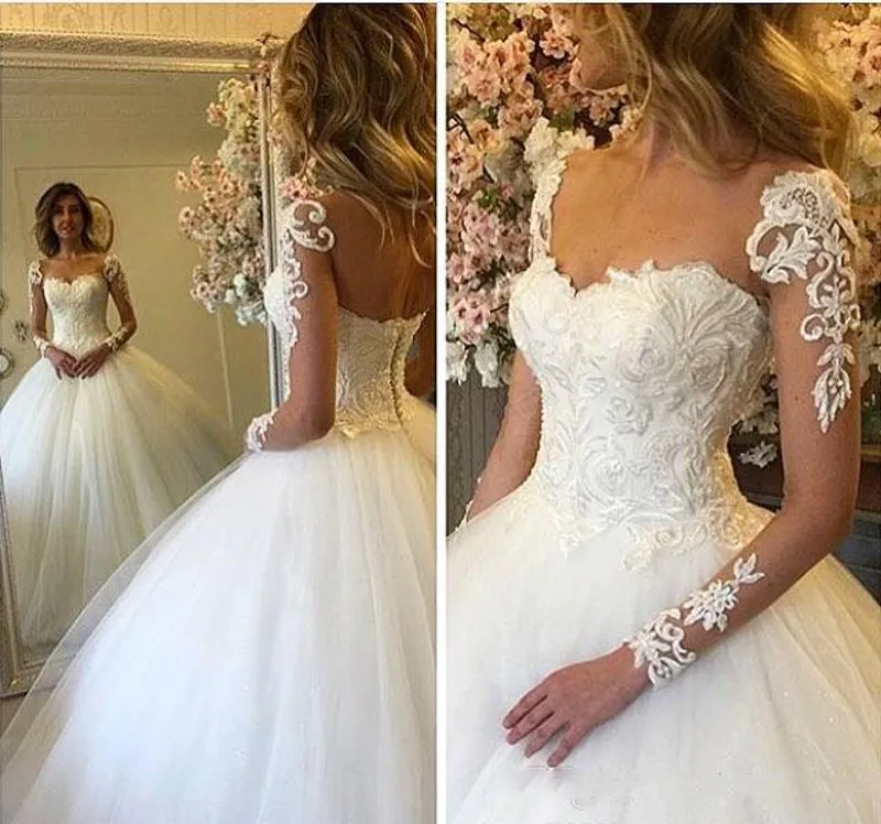 2018 zomer luxe trouwjurken lange mouw lace illusie bateau bruidsjurk engagement formele bruiloft gasten jurk
