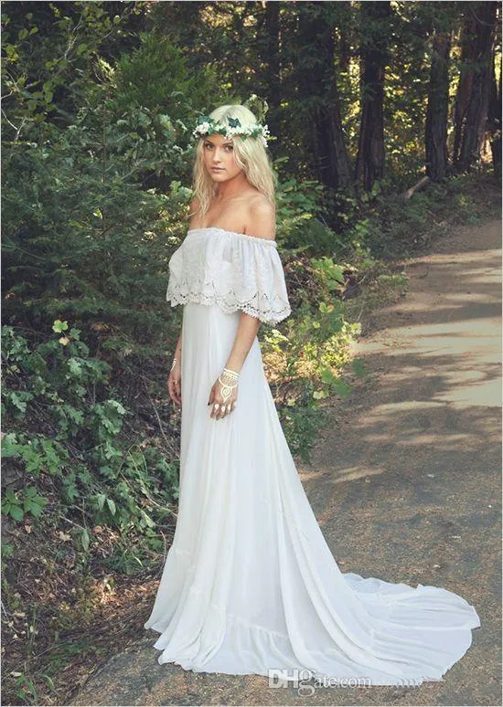 Romantic Boho Country Forest Wedding Dresses Chiffon Lace Wedding Gown Simple Bohemian Bridal Dress Off Shoulder Bridal Gowns Customize