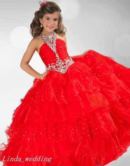 Red Girl's Pageant Klänning Prinsessan Ruffles Lace Up Closure Party Cupcake Prom Klänning för Kort Flicka Pretty Dress For Little Kid