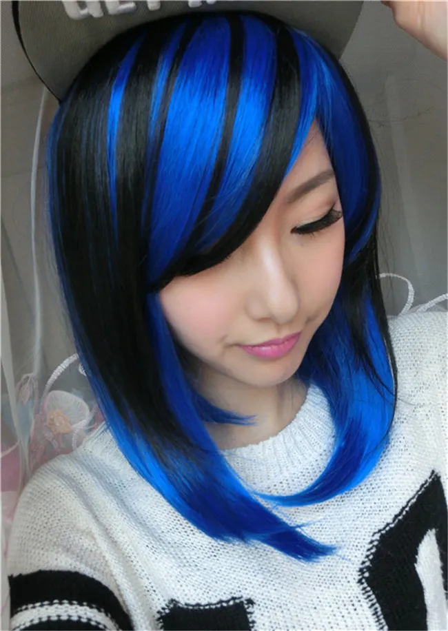 WoodFfestival short straight wigs black mix blue wig cosplay women lolita synthetic anime heat resistant peruca ombre hair9446300