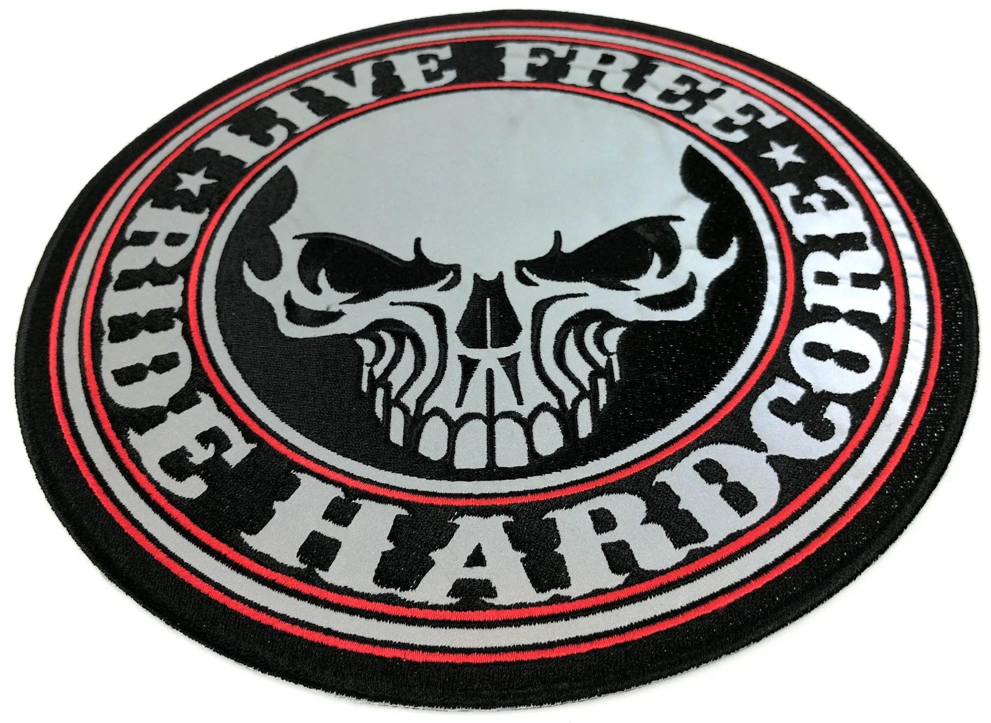 Bold Reflective Skull Biker Vest Patch Ride Hardcore, Embroidered Iron On Or Sew On Patch- 10 INCH 