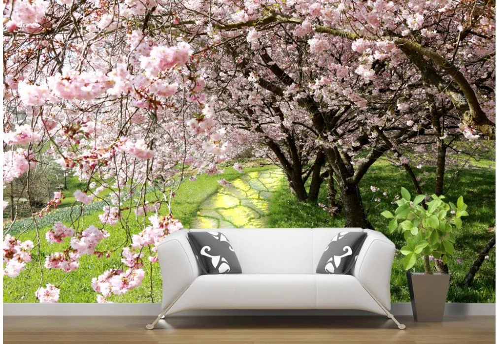 3d wallpaper for room Cherry tree flowers beautiful backdrop stone road path 3d murals wallpaper for living room2518012
