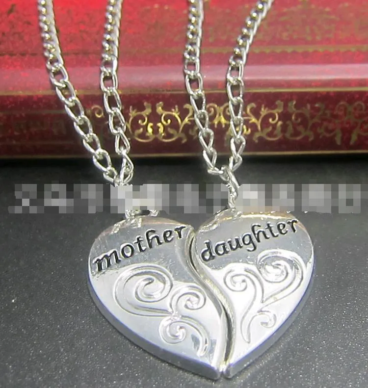 Heart Pendant Jewellery Mother Together with Daughter Zinc Alloy Chain Length 50cm Pendant Necklace Silver