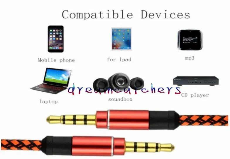 Pomocniczy Aux 1.5m 3m Okrągły niepowodzenie Metalowa tkanina Bradee Audio Cable Extension 3.5mm Mężczyzna stereo na telefon komórkowy MP3 MP3 Komputer głośnikowy