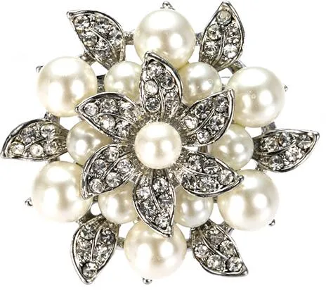 1.6 Inch Rhodium Silver Cream Pearl and Rhinestone Crystal Diamante Leaf Flower Brooch Wedding Pins