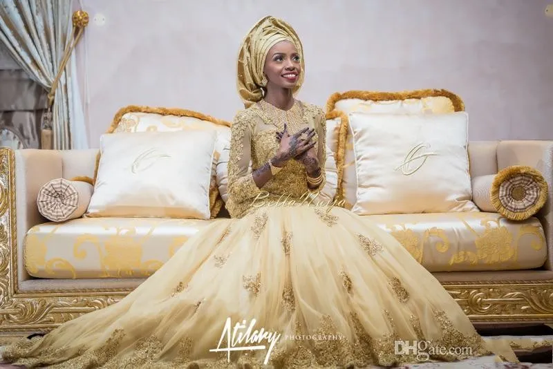 2017 New African Yellow Mermaid Suknie Ślubne Klejnot Neck Długie Rękawy Koronkowe Aplikacje Zroszony Court Train Plus Size Formalna sukienka ślubna