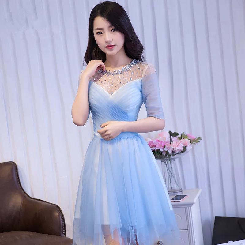 Beaded Short Tulle Cocktail Dresses With Half Sleeves 2017 Knee Length Ball Gown Party Dress Elegant Short Prom Dress From 39 38 DHgate