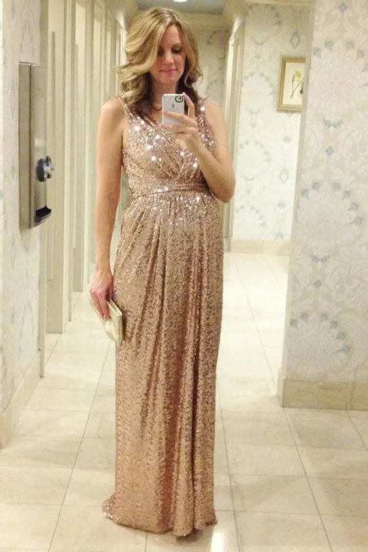 2016 Pregnant Sequins gold sequin formal dress - Shinny Long V-Neek Party Gown