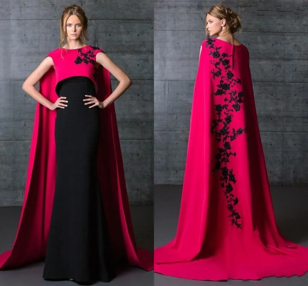 Czarny I Fushia Formy Satynowe Suknie Wieczorowe 2016 Zawijająca Suknie Party Cape Płaszcze Emboridery Prom Suknie Custom Made