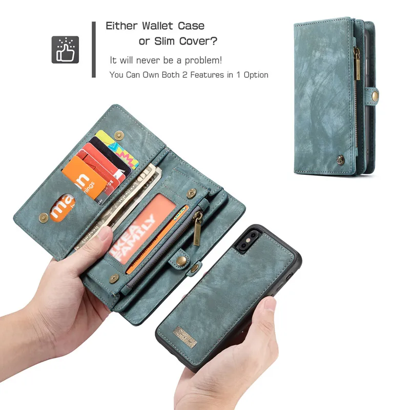 Caseme Magnetic Leather Wallet Case dragkedja avtagbart avtagbart lock för iPhone 13 12 11 Pro Max XS XR 8 7 6S Plus7271971