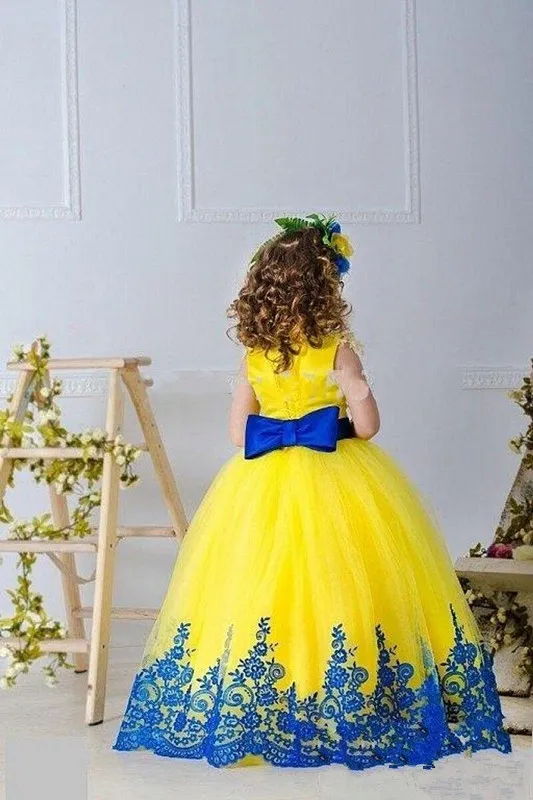 Yellow Girls Pageant Suknie Suknie Suknie Aplikacje Sash Bow Ball Suknia Kwiat Girl Sukienki na Piętro Długość Dziewczyny Urodziny Princess Dresse