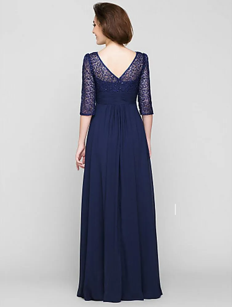 New Dark Navy V-neck A-line Floor-length Half Sleeve Lace and Chiffon Mother of the Bride Dress