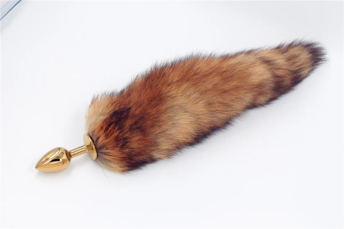 Red Fox Tail Butt Anal Plug 35 cm Long Real Fox Tails Golden Metal Anal Sex Toy 2875CM9130850