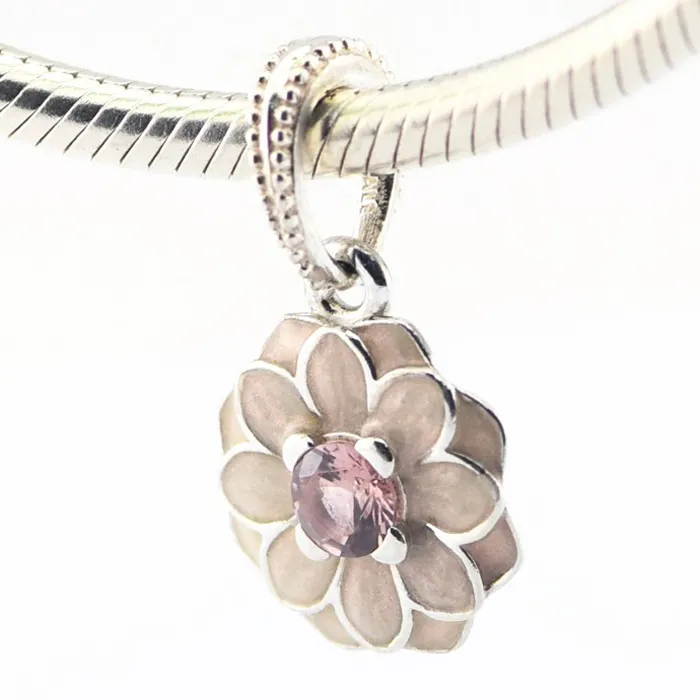 Kwitnący Dahlia Krem Emalia Blush Pink Crystal 100% 925 Sterling Silver Koraliki Fit Pandora Charms Bransoletka Autentyczne DIY Moda Biżuteria