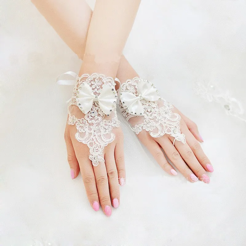 Nova moda coreana pulso flor renda diamante luvas de noiva vestido curto parágrafo luvas