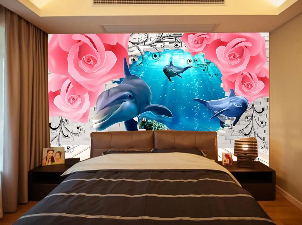 Europejskie Róże Delfiny Niestandardowe 3d Mural Tapeta 3D Salon TV Tło Bedroom Wall Papers Home Decor