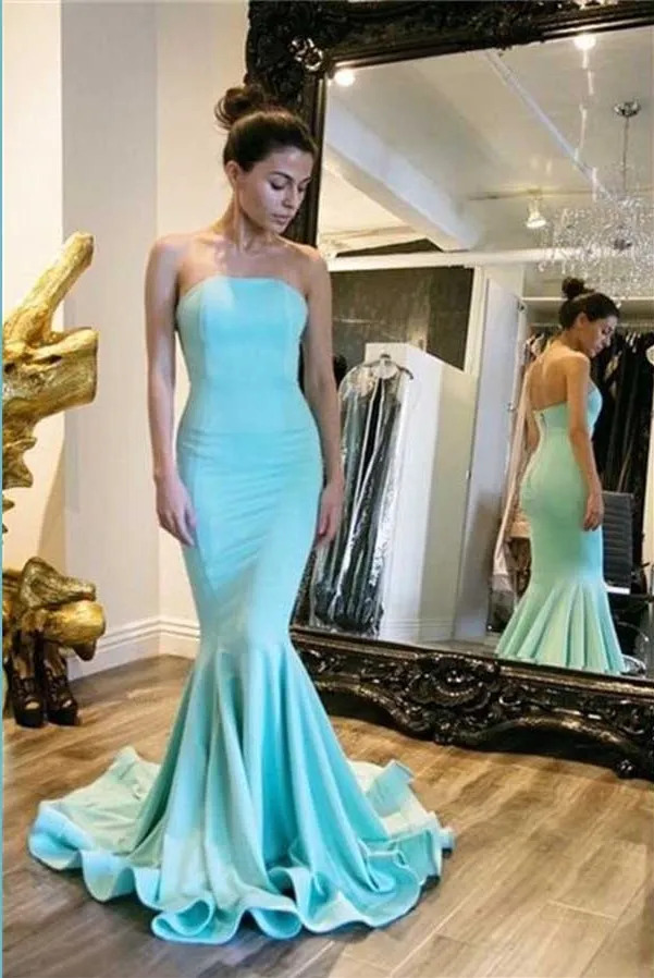 Simple Evening Dresses Strapless Mermaid Style Ruffles Prom Gowns Back Zipper Sweep Train Custom Made Cheap Formal Occasion Party Dress