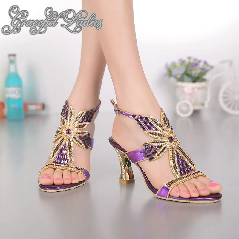 Rhinestones Wedding Shoes Square High Heels 8cm Women Summer Sandals Crystals Flowers T-strap Ankle Strap Slingbacks New 2016 Dress Sandals