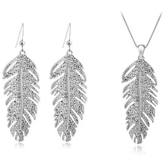 Bohemian Leaf Feather Rhinestone Necklace Earrings Set Full Diamond Feather Earrings Necklace Set Fashion Jewelry Sets