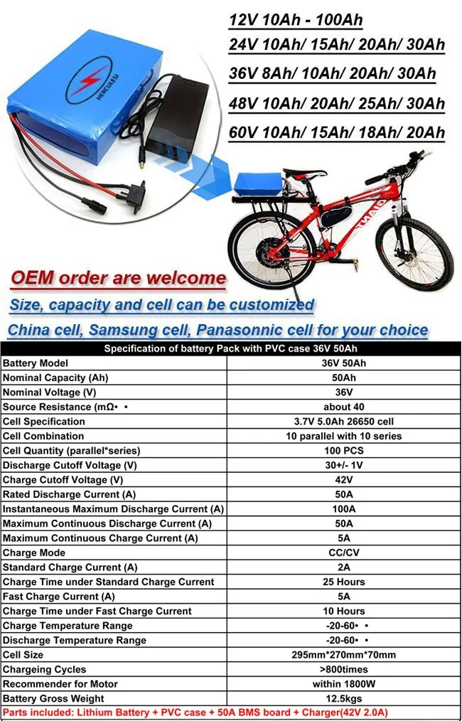 1800W 36V Electric Bike Battery 50AH Ebike Battery in 26650 5000mah Lithium Li-Ion Battery Pack 2A  50A BMS Free Shipping