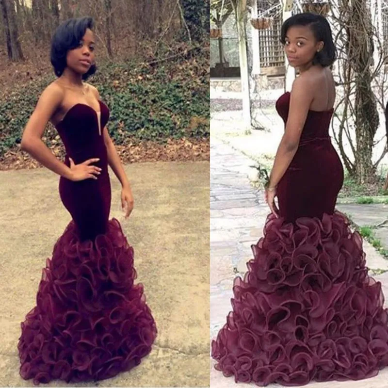 2016 Burgundy Mermaid Prom Dresses New African Velvet Evening Gowns Sexy Sweetheart Backless Sheath Ruffles Tiered Organz Celebrity Dresses