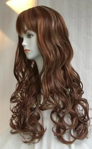 Gratis frakt Charmig Vacker Lång Curly Wig W / Soft Curls Bangs-Svart / Brun / Auburn / Blond Delvis Skin Top