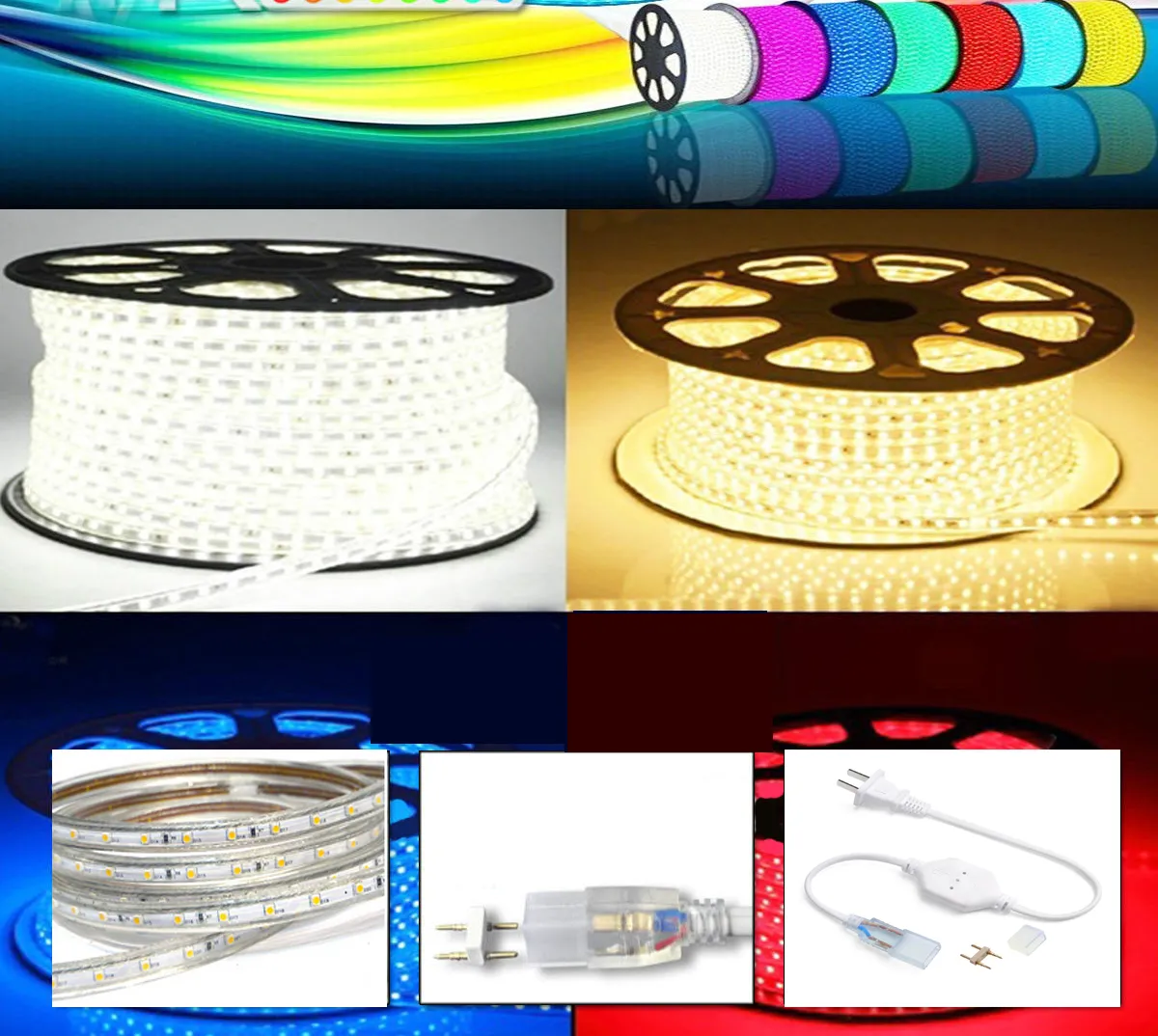 110V 220V LED Strips 100M SMD3528 SMD2835 SMD3014 flexibel remsa med strömkontakt IP67 Sigle Färg Varmvit