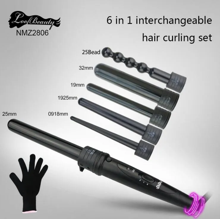 DHL Free shipping 6 in 1 Curling Wand Set Ceramic hair Curling Tong Hair Curl Iron The Wand Hair Curler Roller Gift Set 09-32mm EU/US plug