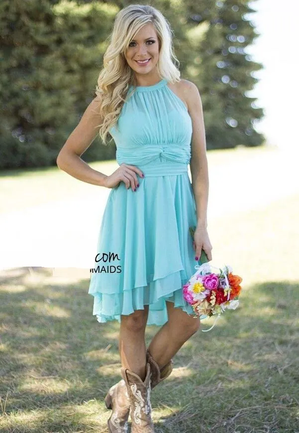 Custom Colored Cocktail Dresses Country Westen Ruched Chiffon Short Bridesmaid Dresses Knä längd Maid of Honor Dresses