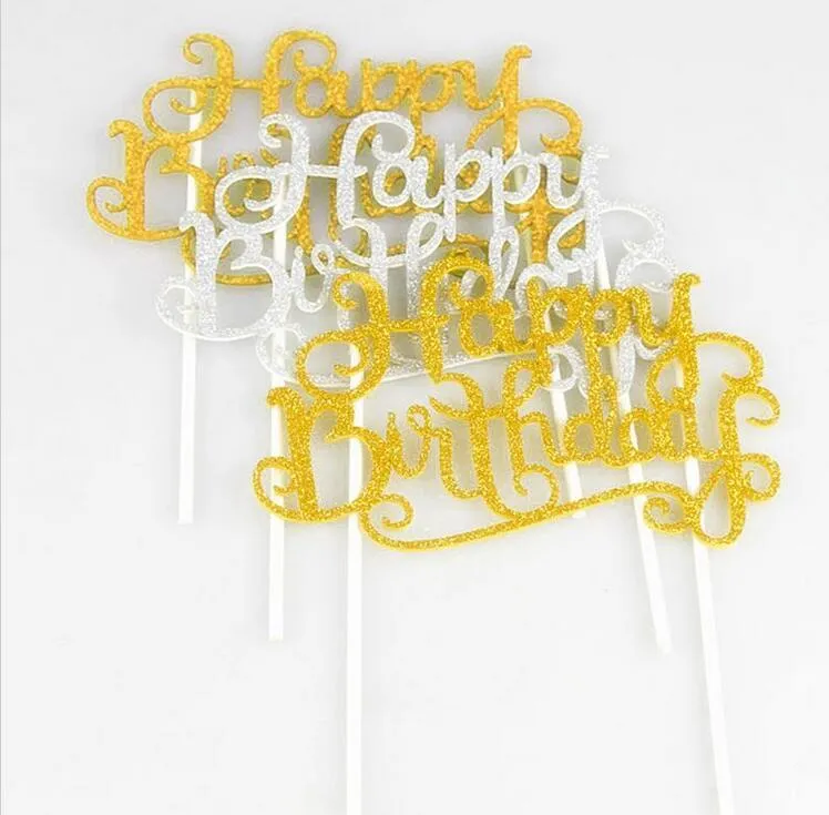 Glitter Happy Birthday Flag Cake Topper Decoration Party Favors Sticker Decor Banner Card Birthday Cake Accessory G1036273I